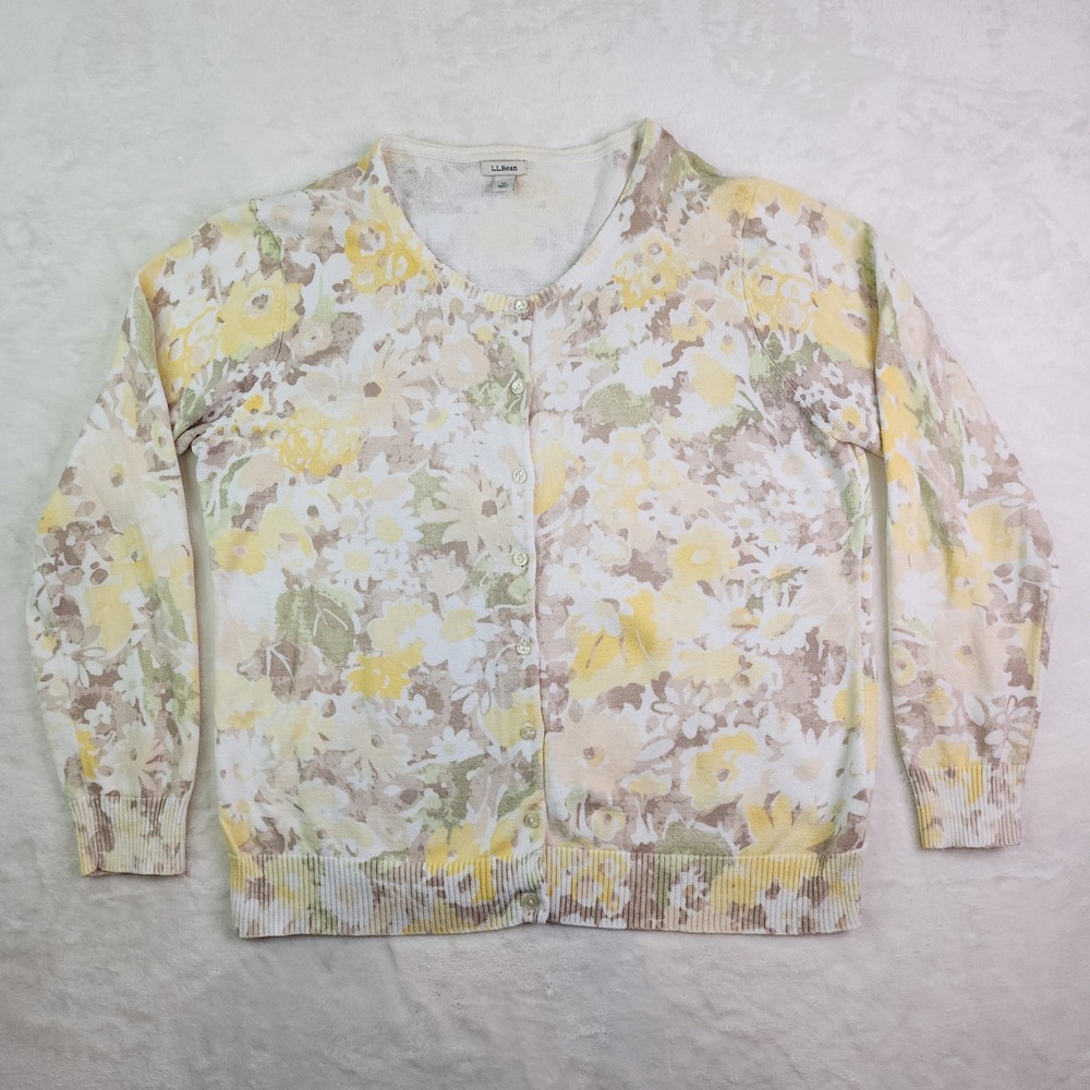 LL Bean 100% Supima Cotton Floral Cardigan Sweater Womens XL Yellow Button Front